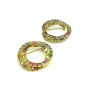 Vintage 1950s Multicoloured Diamante Circle Brooch Set