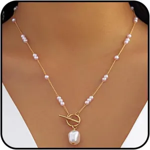 Vintage Baroque Pearl Pendant Necklace for Women Boho Gold OT Buckle Choker Necklace Beads Chain Link Necklace Jewelry Accessories