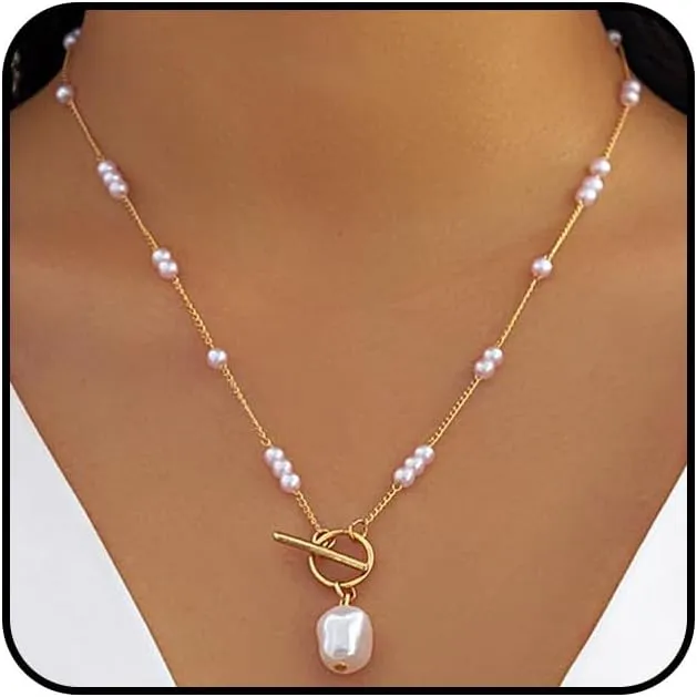 Vintage Baroque Pearl Pendant Necklace for Women Boho Gold OT Buckle Choker Necklace Beads Chain Link Necklace Jewelry Accessories