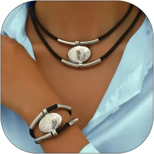 Vintage Leather Necklaces Bracelets Set Boho Gold Silver Double-Layer Black statement Necklaces Bracelets Set Trendy Minimalist Jewelry Set for Women