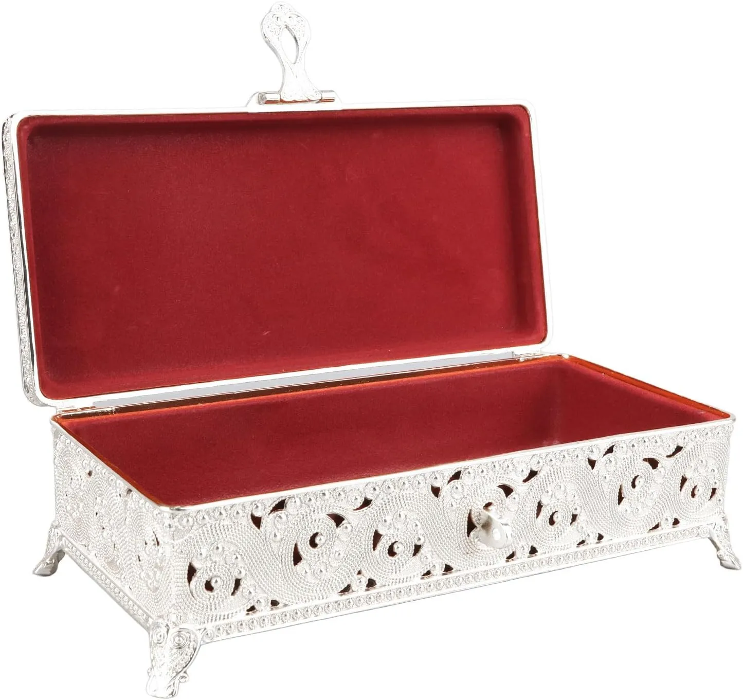 Vintage Metal Jewelry Box, Exquisite Vintage Patterns, Soft Velvet, Rectangular Trinket Box for Girls Women, Necklace Earrings Rings, with Large Capacity (Silver)