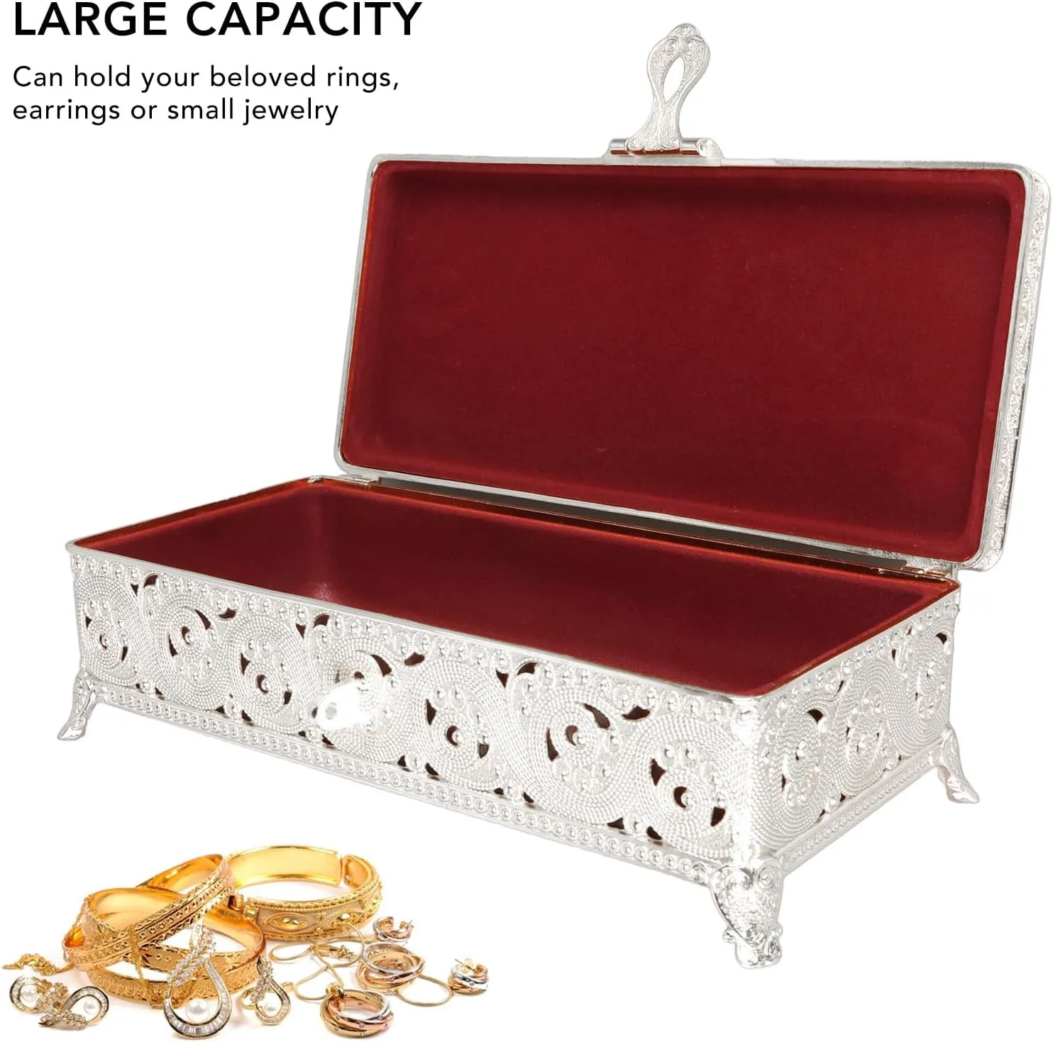 Vintage Metal Jewelry Box, Exquisite Vintage Patterns, Soft Velvet, Rectangular Trinket Box for Girls Women, Necklace Earrings Rings, with Large Capacity (Silver)