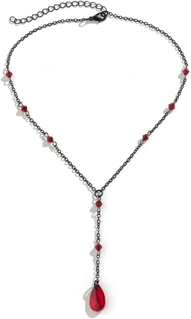 Vintage Punk Blood Drop Tassel Pendant Necklace for Women Her Gothic Water Drop Choker Necklace Teardrop Y Necklace Halloween Jewelry Gift