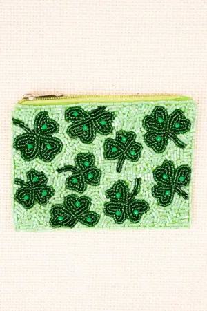 Viola Green Shamrock Seed Bead Coin Purse