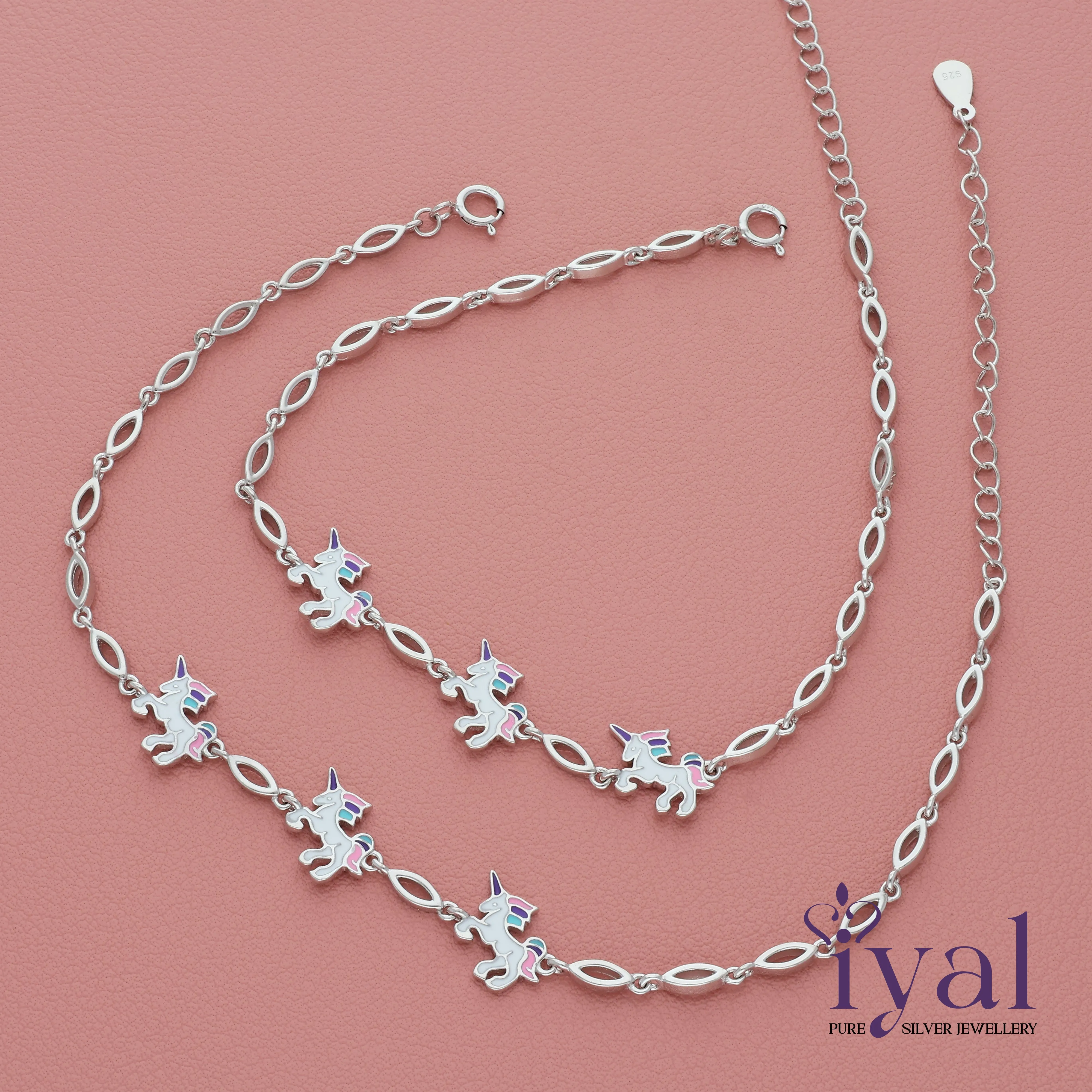 Vivid Unicorn Silver Anklet for Kids(5  Years)