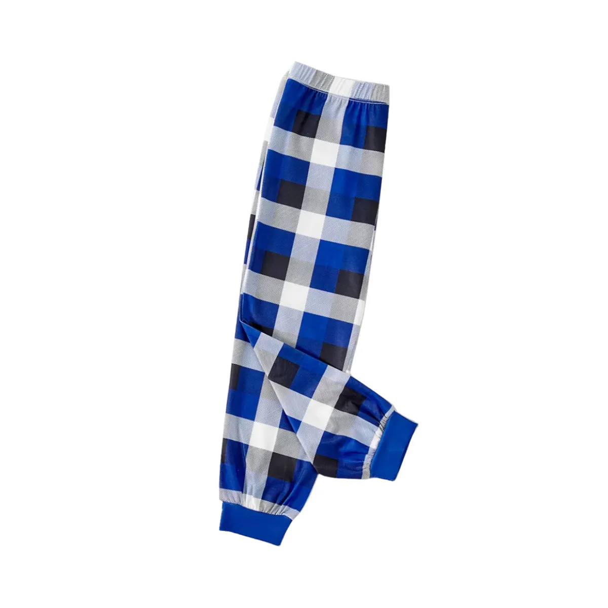 Wear Santa Hat Green Elf Cartoon Pattern "Merry Christmas" Lettering Print Contrast Blue Long Sleeve with Versatile Blue and White Plaid Pants Family Matching Pajamas