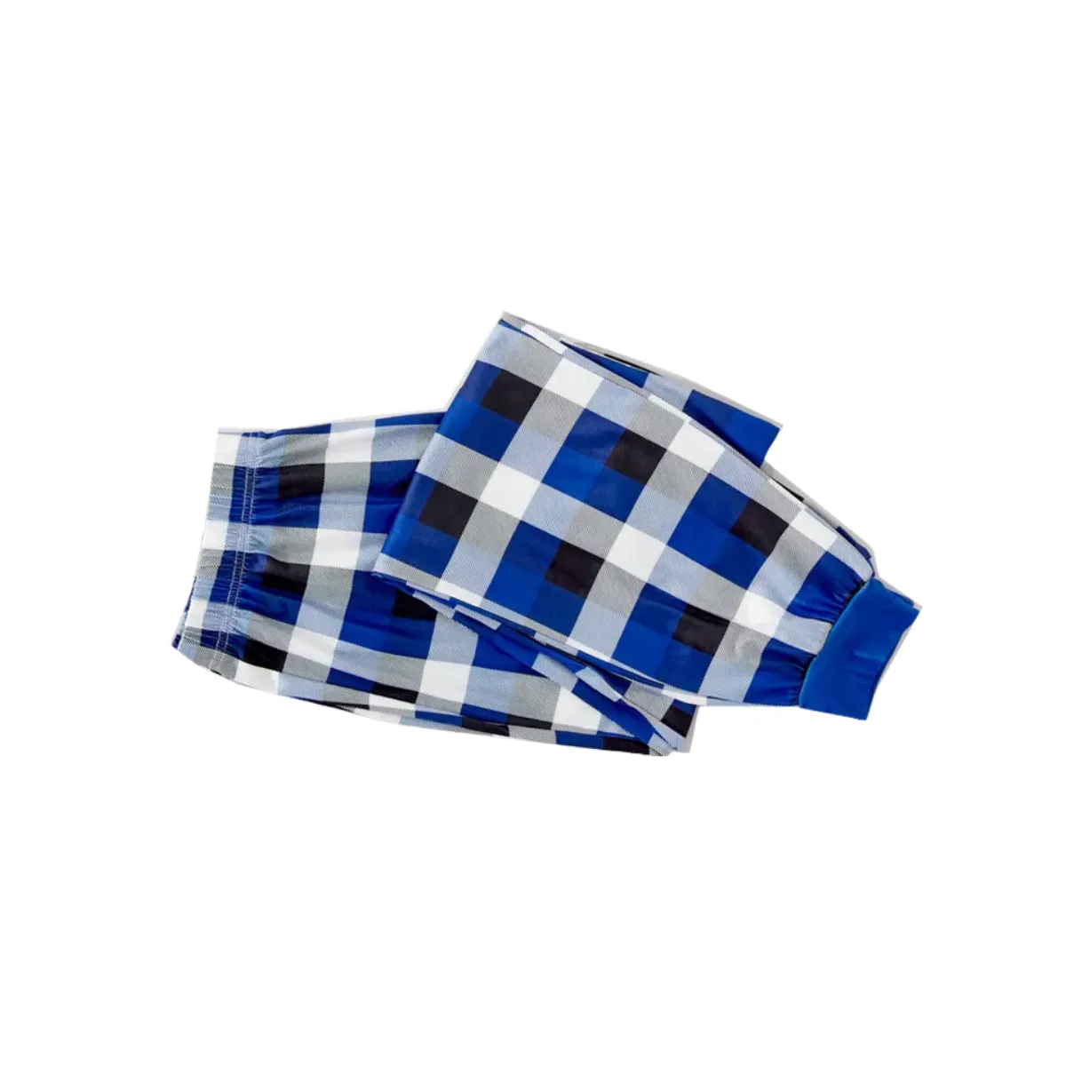 Wear Santa Hat Green Elf Cartoon Pattern "Merry Christmas" Lettering Print Contrast Blue Long Sleeve with Versatile Blue and White Plaid Pants Family Matching Pajamas