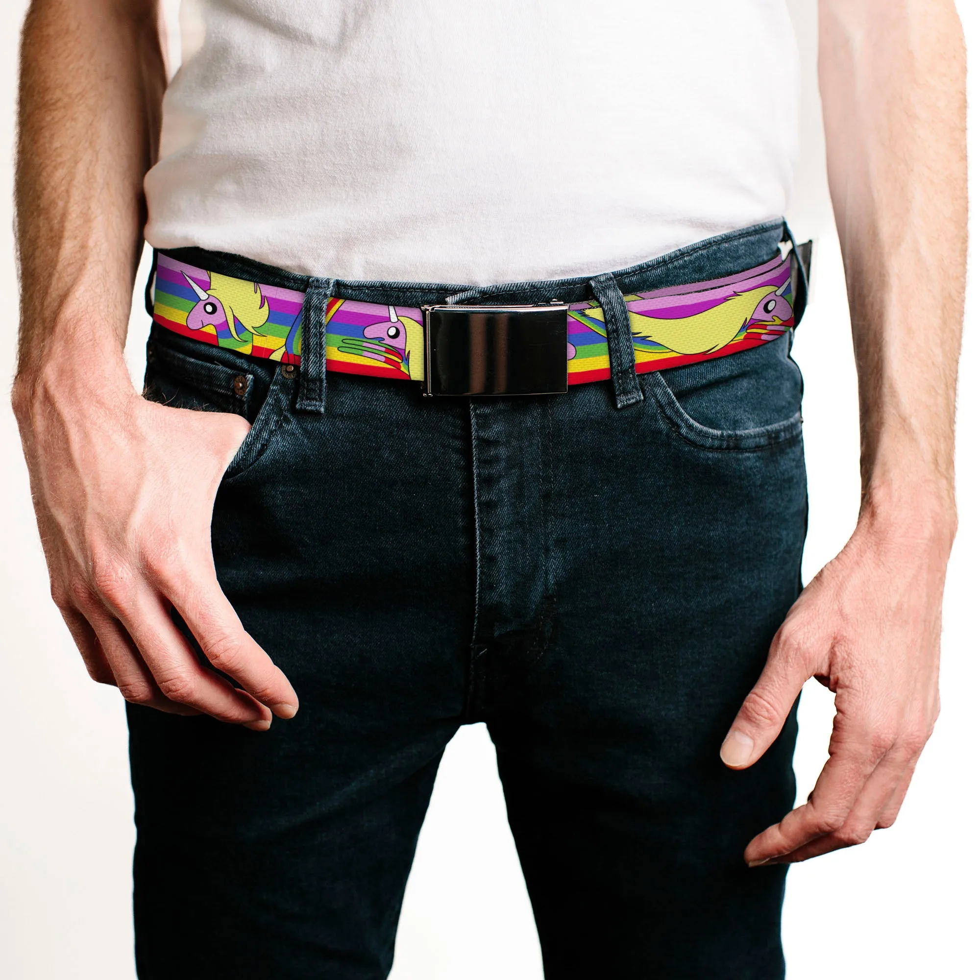 Web Belt Blank Black Buckle - Adventure Time Lady Raincorn Poses Stripe Rainbow Webbing