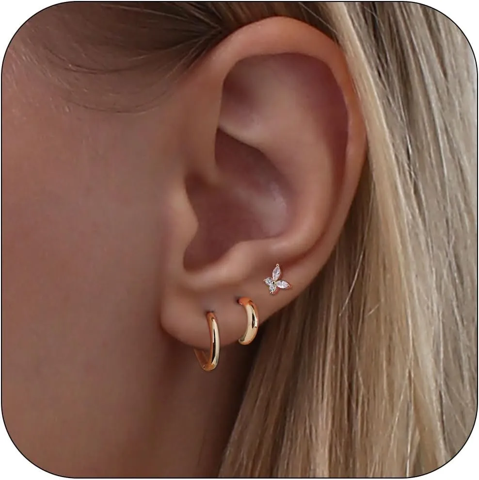 WEDDINEN Hoop Earrings Set for Women, 14K Gold Plated Small Huggie Earrings for Multiple Piercing Hypoallergenic Trendy Jewelry, Dainty Cartilage Earrings for Gifts 3 Pairs