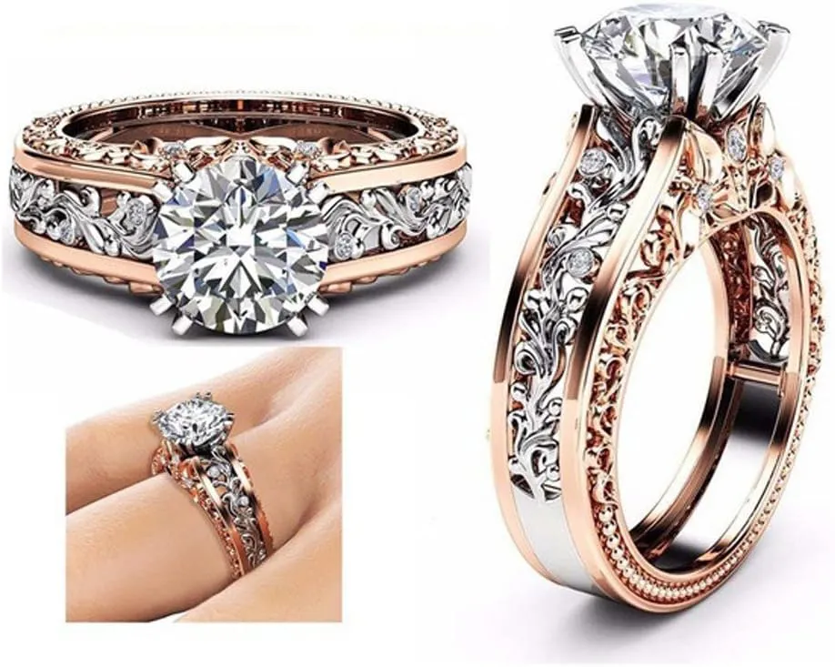 Wedding Engagement Ring Rose Gold Round Cut Cubic Zirconia Floral Vintage Engagement Rings for Women Finger Ring