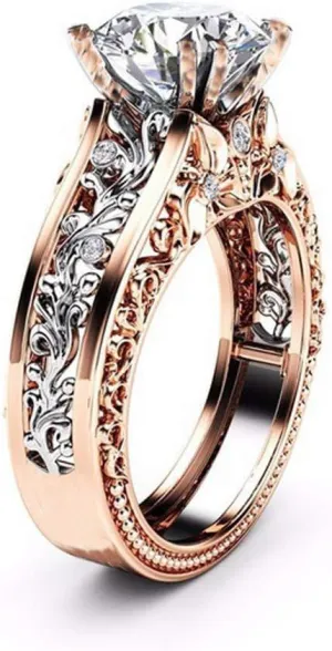 Wedding Engagement Ring Rose Gold Round Cut Cubic Zirconia Floral Vintage Engagement Rings for Women Finger Ring