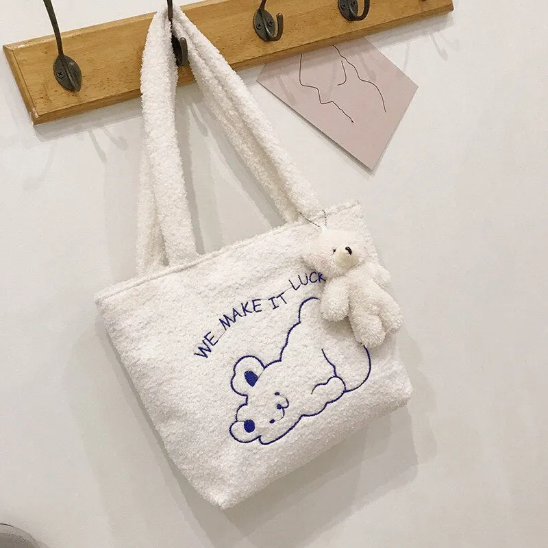 Wenkouban  Women's Bag New Plush Tote Bag For Women  Cartoon Embroidery Handbag Women Shoulder Bag Shopper Bag Winter Bags Bolsa Mujer