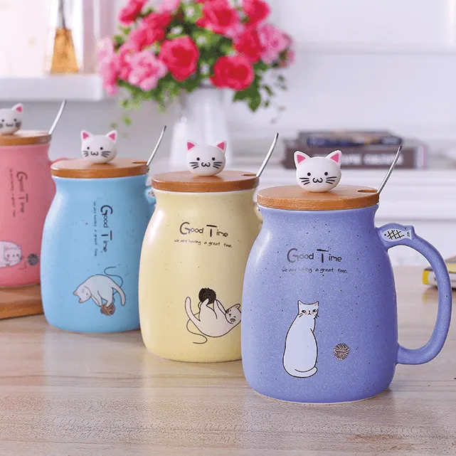 Whimsical Cat Ceramic Mug Set - 450ml with Lid & Spoon