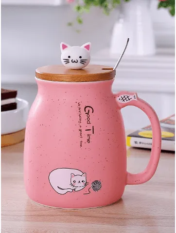 Whimsical Cat Ceramic Mug Set - 450ml with Lid & Spoon