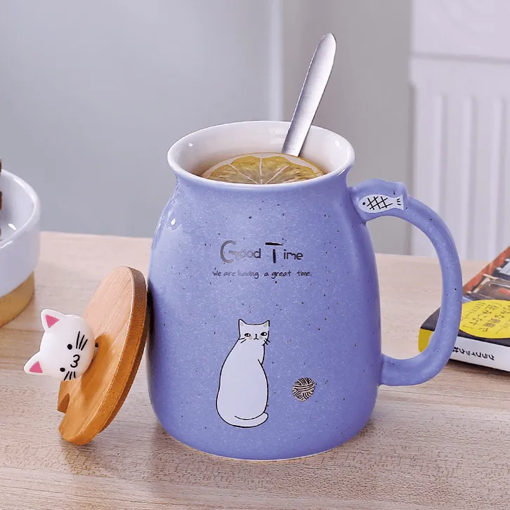Whimsical Cat Ceramic Mug Set - 450ml with Lid & Spoon