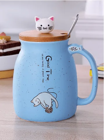 Whimsical Cat Ceramic Mug Set - 450ml with Lid & Spoon