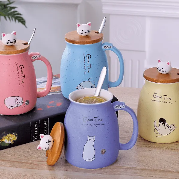 Whimsical Cat Ceramic Mug Set - 450ml with Lid & Spoon