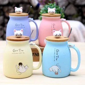 Whimsical Cat Ceramic Mug Set - 450ml with Lid & Spoon