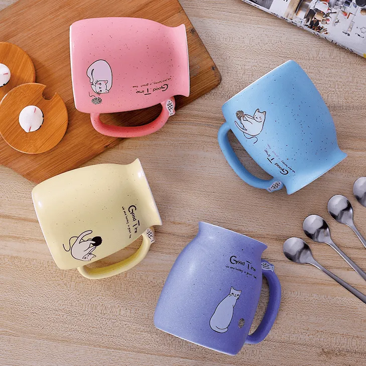 Whimsical Cat Ceramic Mug Set - 450ml with Lid & Spoon