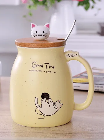 Whimsical Cat Ceramic Mug Set - 450ml with Lid & Spoon