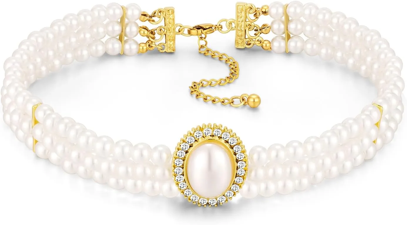 White Layered Pearl Choker Necklace for Women Chunky Rhinestones Pearl Necklace Vintage Boho Necklace Party Jewelry