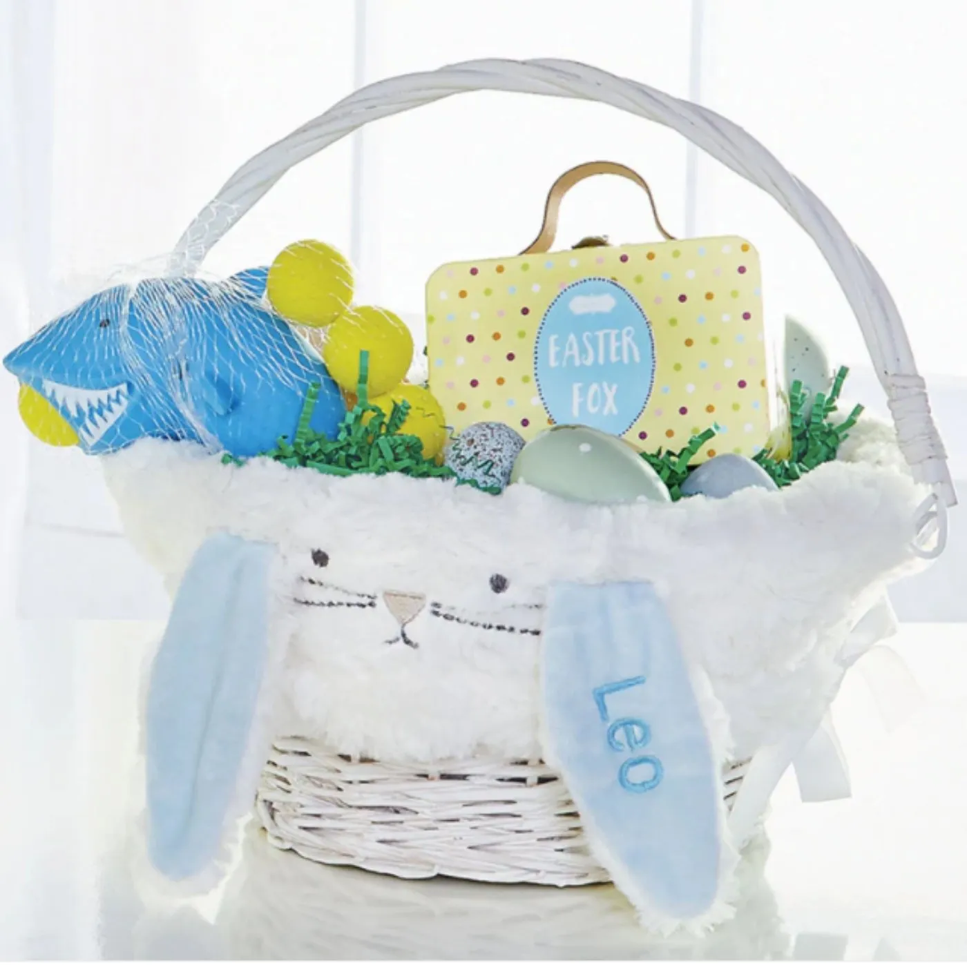 White Wicker Plush Minky Lined Bunny Ears Easter Basket -  2 color Choices