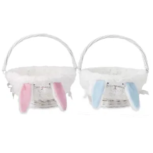 White Wicker Plush Minky Lined Bunny Ears Easter Basket -  2 color Choices