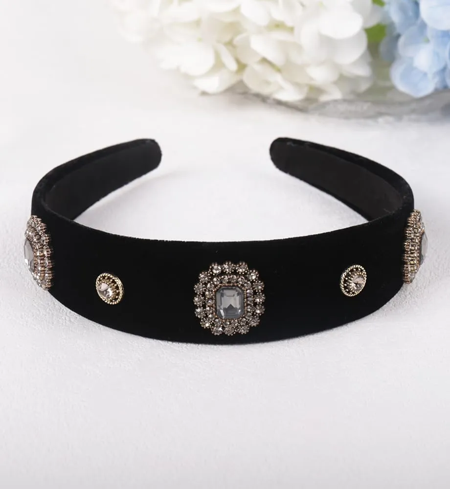 Wide Pearls Rhinestones Black Velvet Headbands for Women Girls, Non Slip Fashion Baroque Headband Hair Accessories (Velvet Diamond Shine)