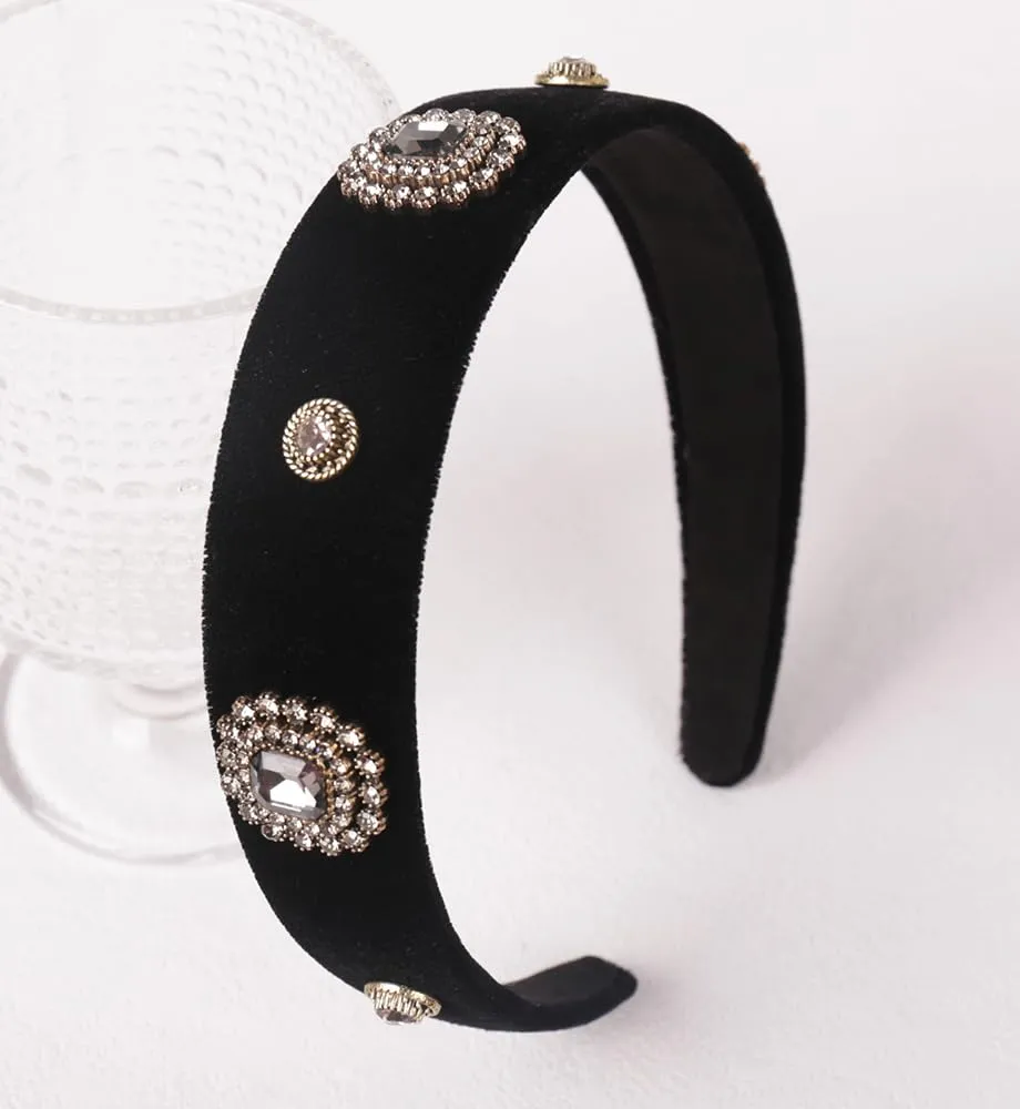 Wide Pearls Rhinestones Black Velvet Headbands for Women Girls, Non Slip Fashion Baroque Headband Hair Accessories (Velvet Diamond Shine)