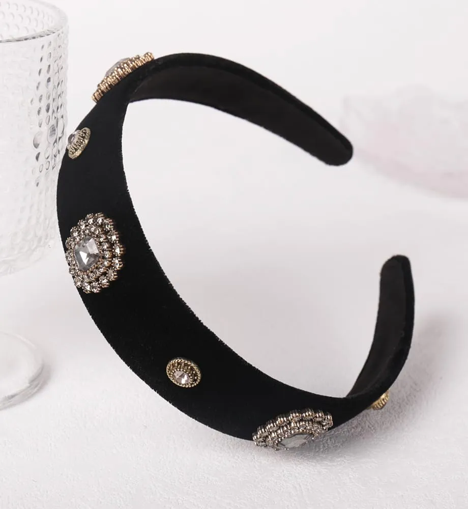 Wide Pearls Rhinestones Black Velvet Headbands for Women Girls, Non Slip Fashion Baroque Headband Hair Accessories (Velvet Diamond Shine)