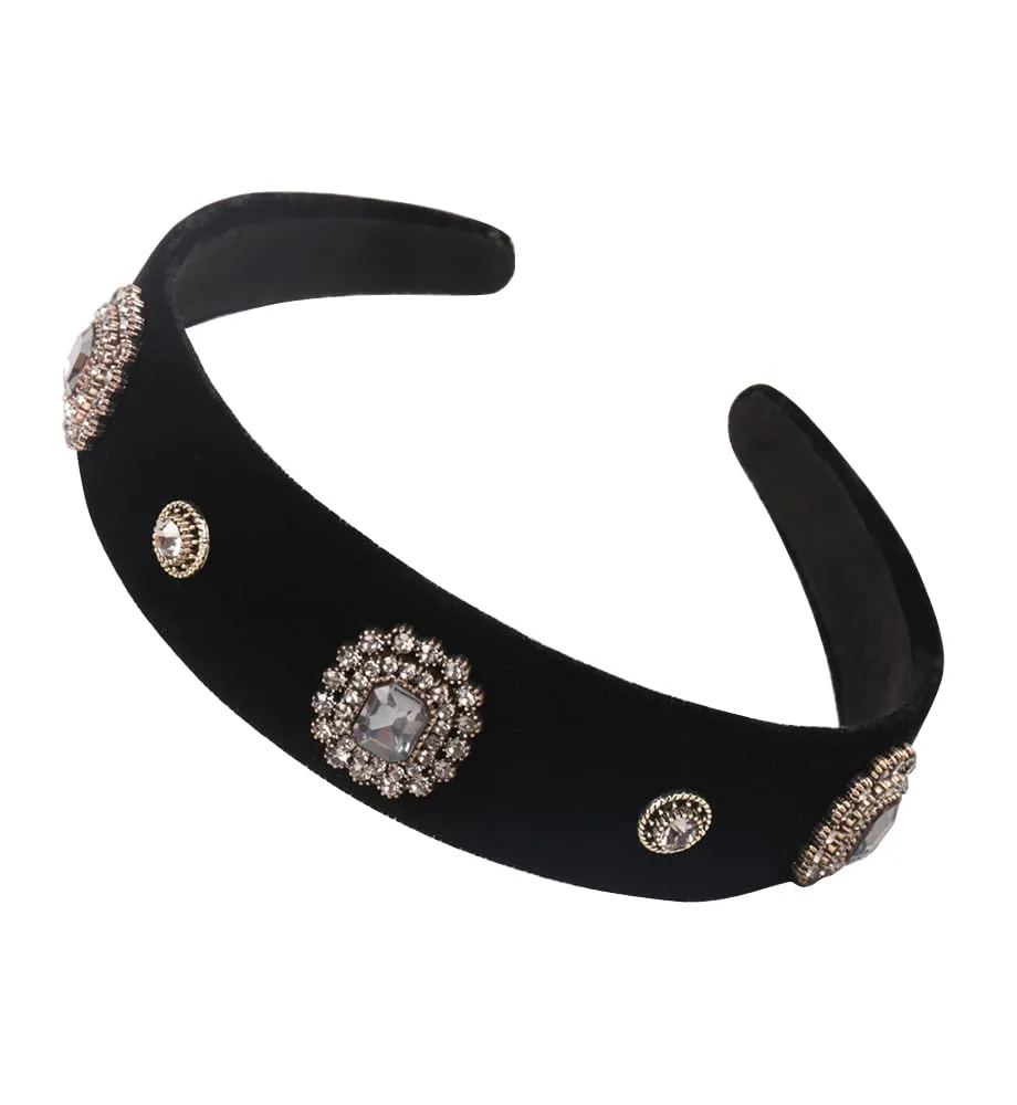 Wide Pearls Rhinestones Black Velvet Headbands for Women Girls, Non Slip Fashion Baroque Headband Hair Accessories (Velvet Diamond Shine)
