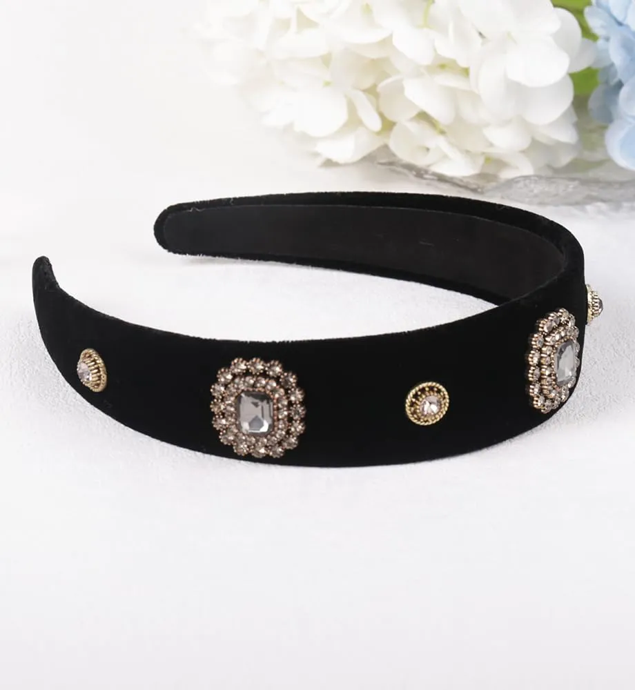 Wide Pearls Rhinestones Black Velvet Headbands for Women Girls, Non Slip Fashion Baroque Headband Hair Accessories (Velvet Diamond Shine)