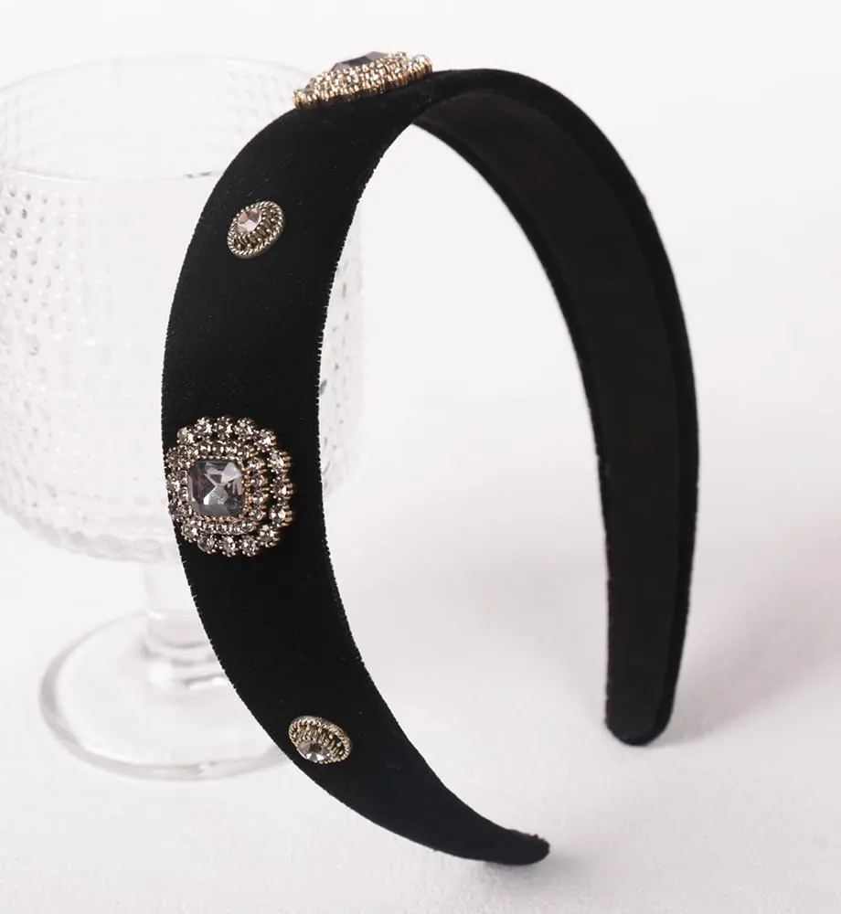 Wide Pearls Rhinestones Black Velvet Headbands for Women Girls, Non Slip Fashion Baroque Headband Hair Accessories (Velvet Diamond Shine)