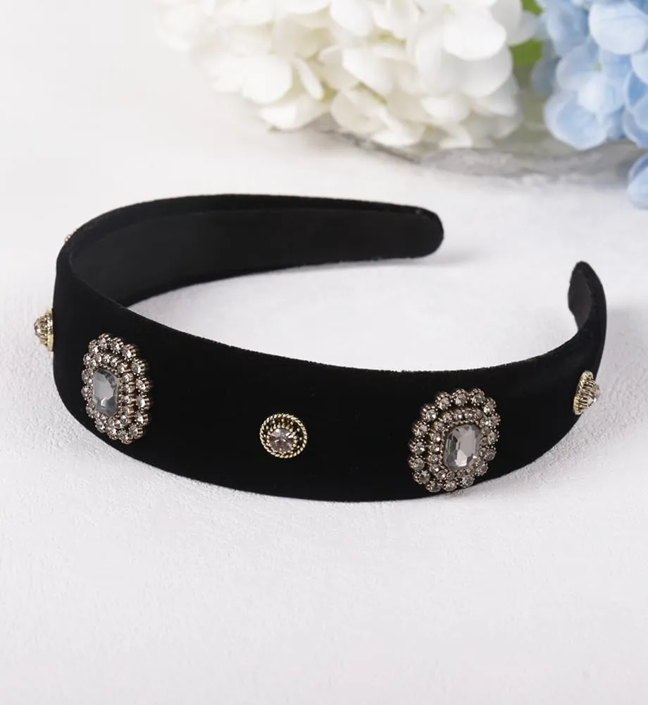 Wide Pearls Rhinestones Black Velvet Headbands for Women Girls, Non Slip Fashion Baroque Headband Hair Accessories (Velvet Diamond Shine)