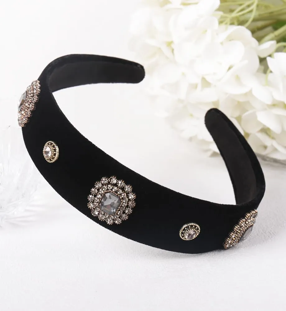 Wide Pearls Rhinestones Black Velvet Headbands for Women Girls, Non Slip Fashion Baroque Headband Hair Accessories (Velvet Diamond Shine)