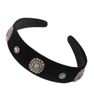 Wide Pearls Rhinestones Black Velvet Headbands for Women Girls, Non Slip Fashion Baroque Headband Hair Accessories (Velvet Diamond Shine)