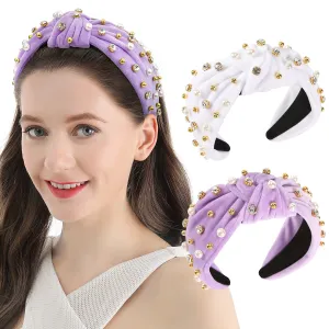 Wide Rhinestone Headband For Women Pearl Headbands For Girls White Top Knot Headband With Beads For Women Pearly Crystal Embellished Handmade Hairbands