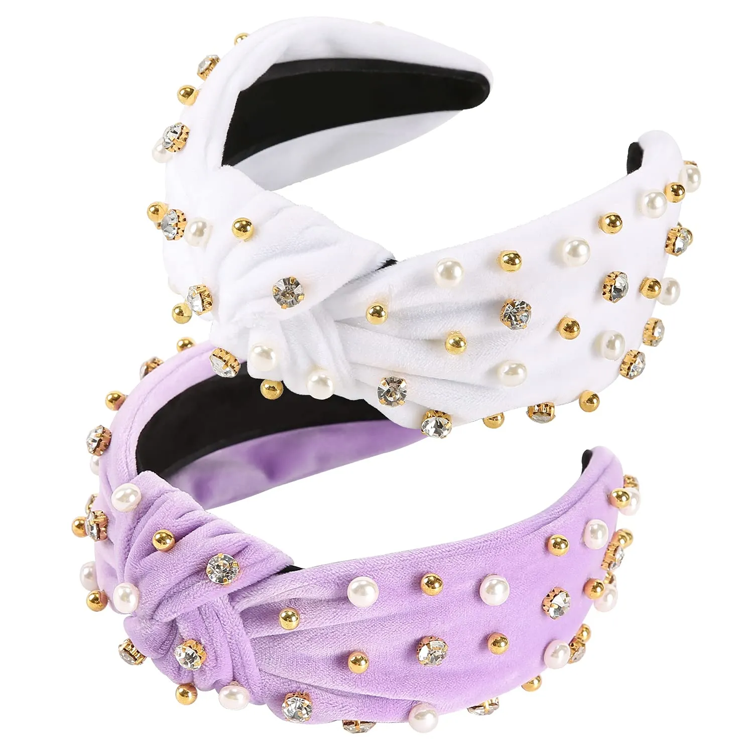 Wide Rhinestone Headband For Women Pearl Headbands For Girls White Top Knot Headband With Beads For Women Pearly Crystal Embellished Handmade Hairbands