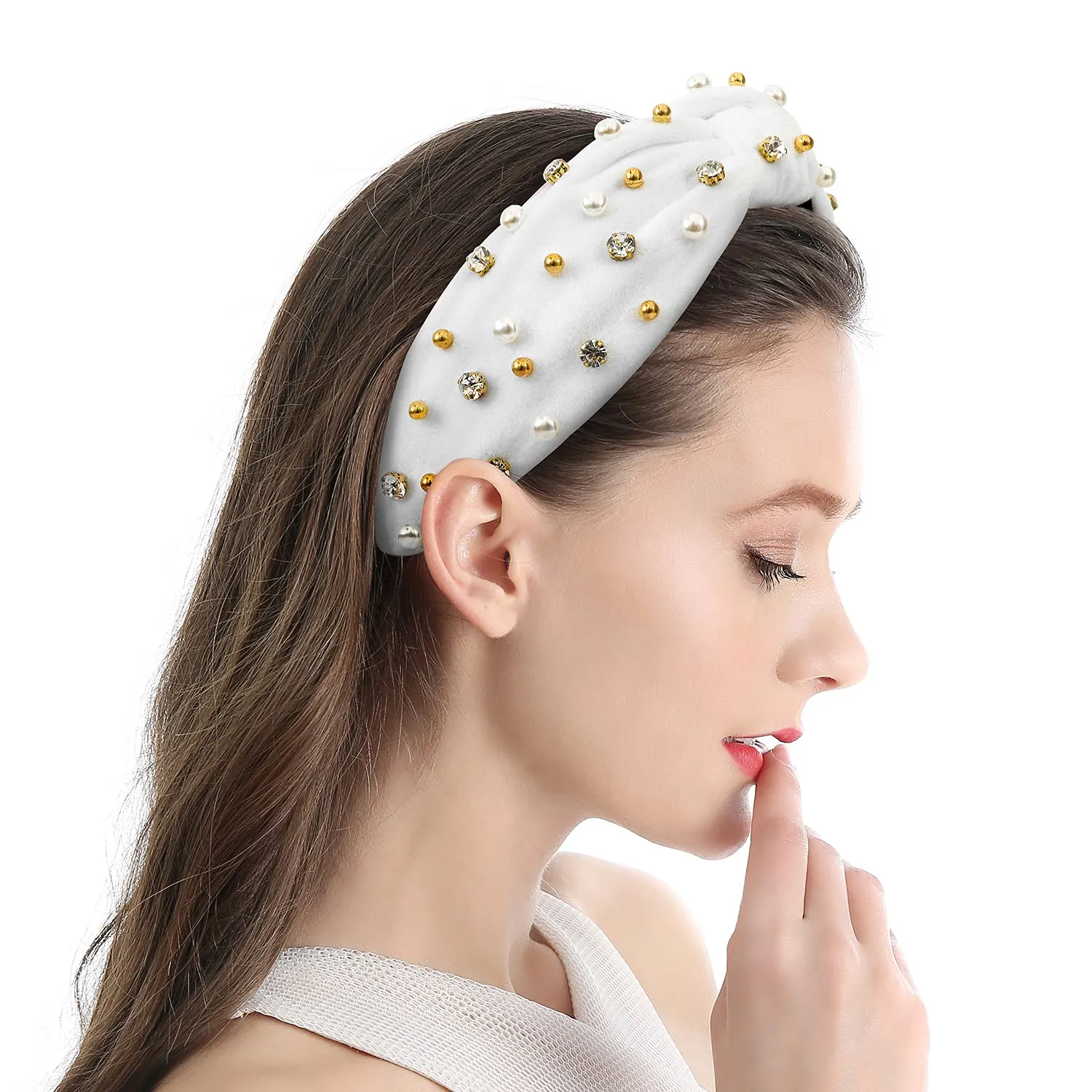Wide Rhinestone Headband For Women Pearl Headbands For Girls White Top Knot Headband With Beads For Women Pearly Crystal Embellished Handmade Hairbands
