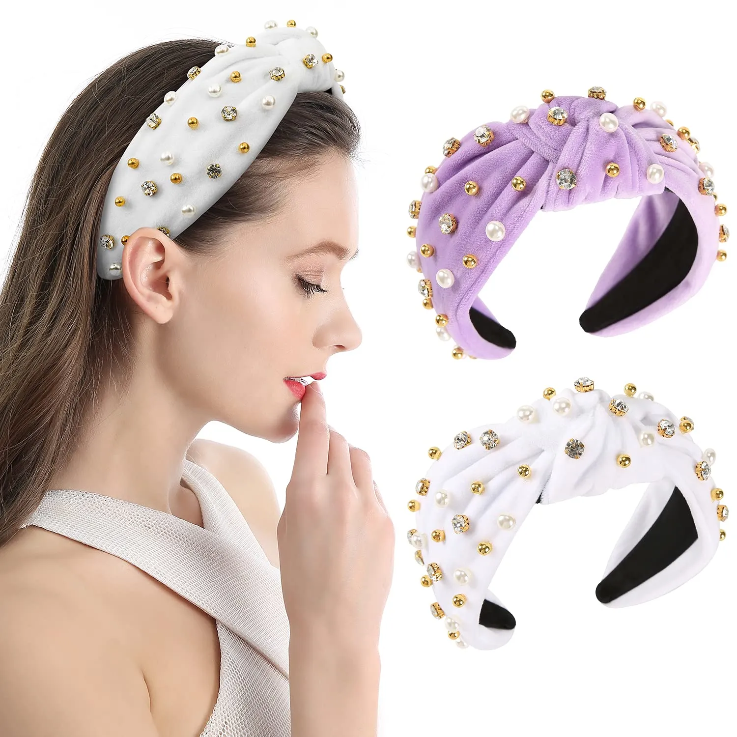 Wide Rhinestone Headband For Women Pearl Headbands For Girls White Top Knot Headband With Beads For Women Pearly Crystal Embellished Handmade Hairbands