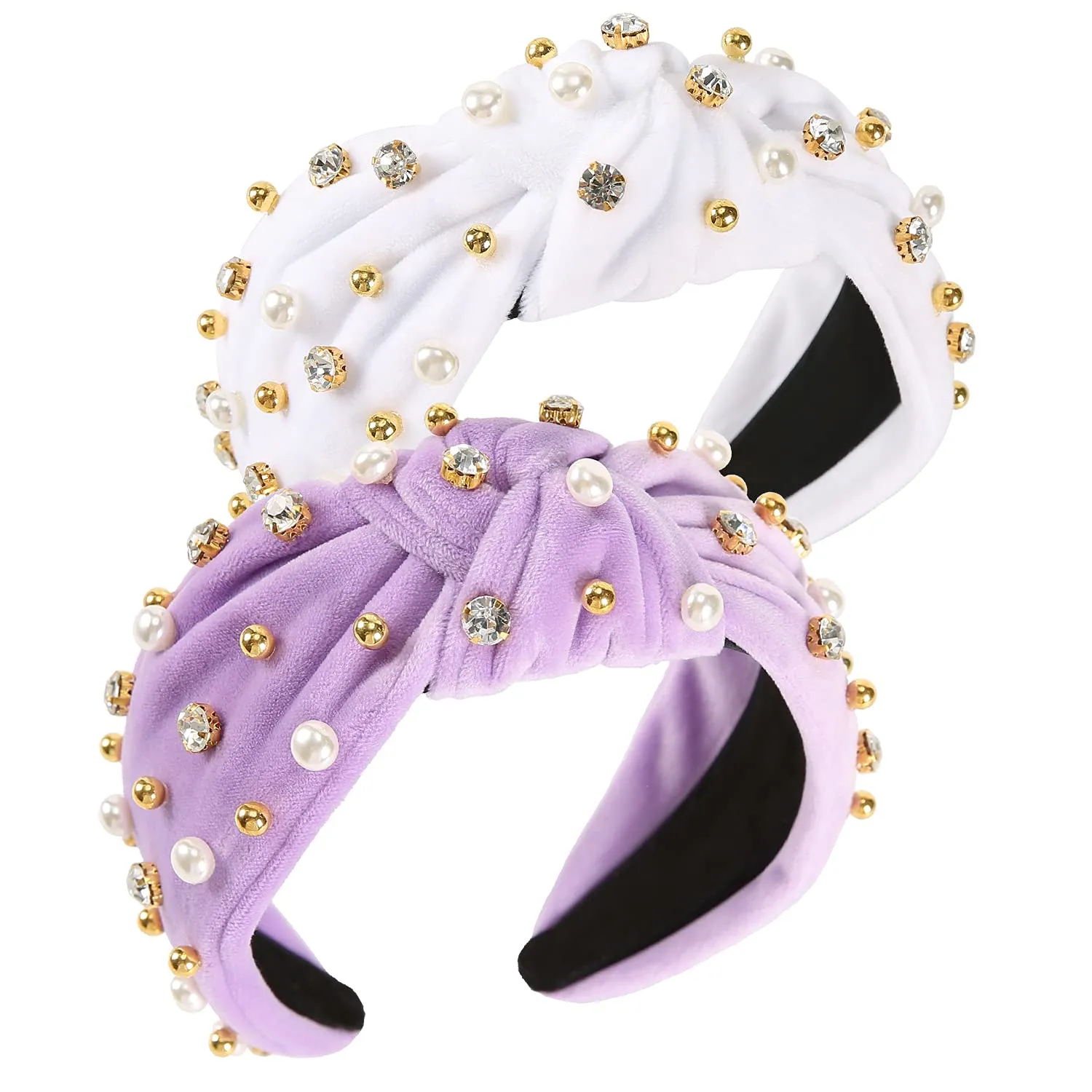 Wide Rhinestone Headband For Women Pearl Headbands For Girls White Top Knot Headband With Beads For Women Pearly Crystal Embellished Handmade Hairbands