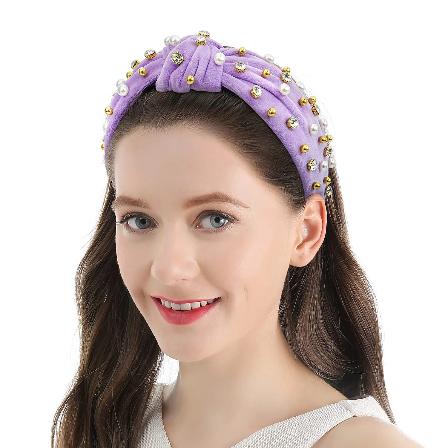 Wide Rhinestone Headband For Women Pearl Headbands For Girls White Top Knot Headband With Beads For Women Pearly Crystal Embellished Handmade Hairbands