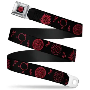 Winchester Pentagram Full Color Black Red Seatbelt Belt - Supernatural Symbols Scattered Black/Red Webbing