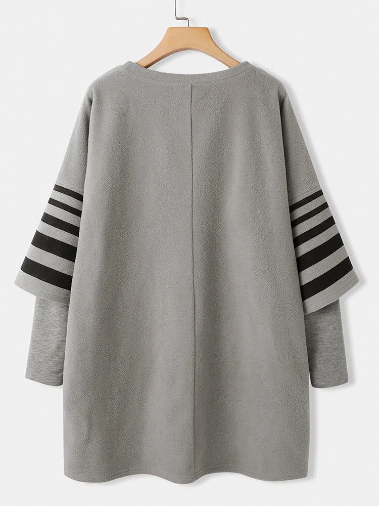 Women Cartoon Cat Stripe Print Patchwork Loose Dresses