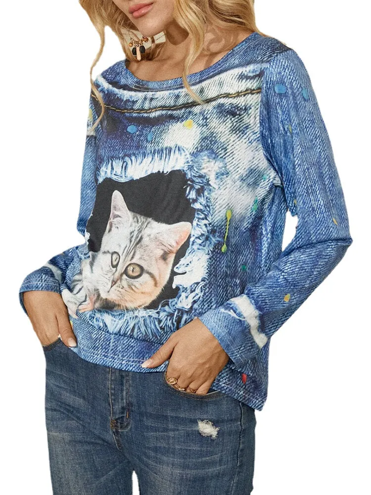 Women Cat Print Round Neck Casual Long Sleeve Blouses