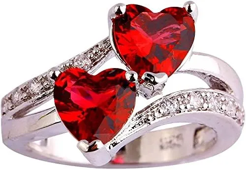 Women Double Heart Shape CZ Crystal Ring Silver Promise Rings for Her Heart Birthstones Toi et Moi Engagement Ring