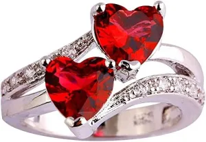 Women Double Heart Shape CZ Crystal Ring Silver Promise Rings for Her Heart Birthstones Toi et Moi Engagement Ring