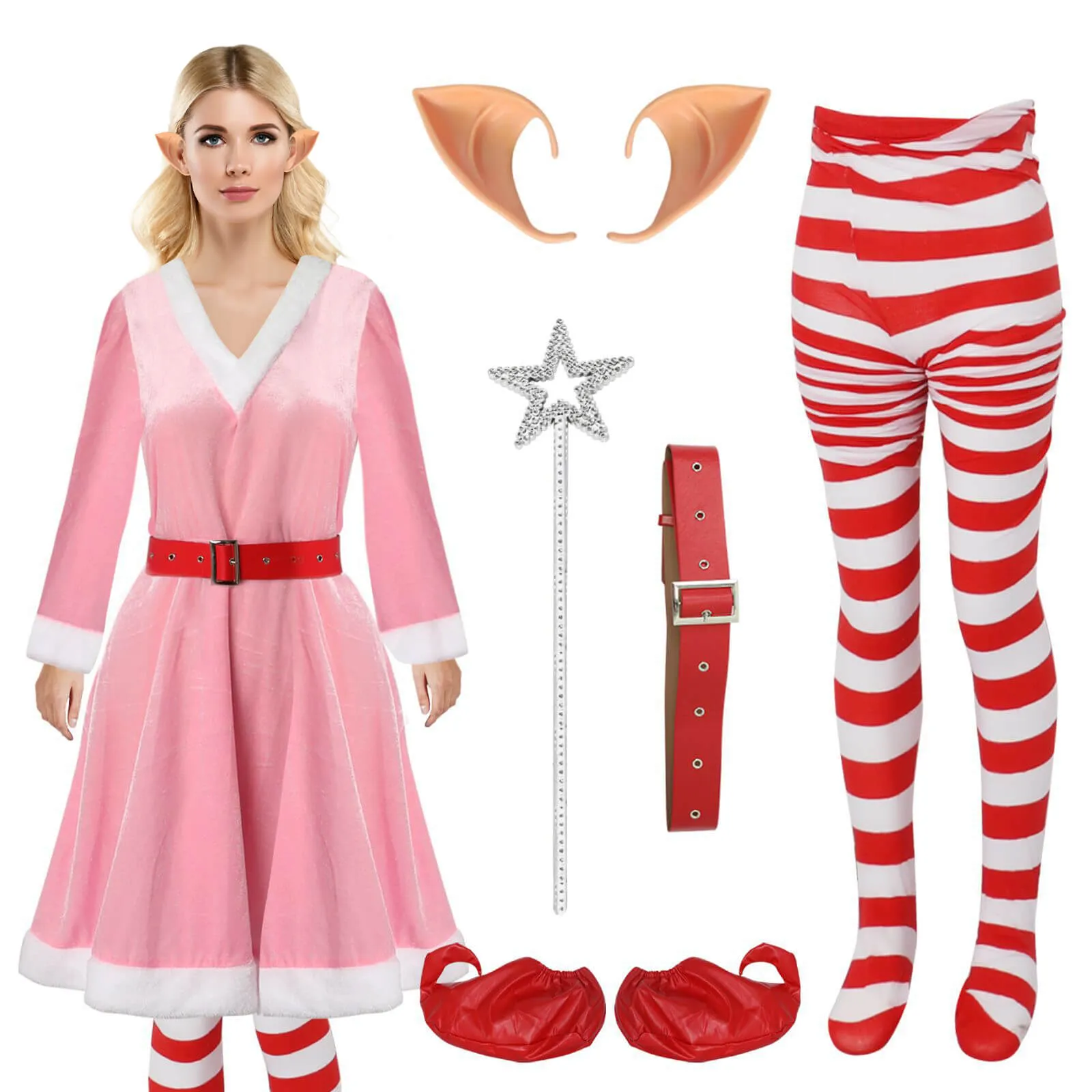 Women ELf Costume Jovie The Elf Christmas Dress Fairy Ears and Leggings Full Set