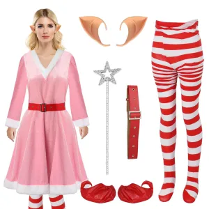 Women ELf Costume Jovie The Elf Christmas Dress Fairy Ears and Leggings Full Set