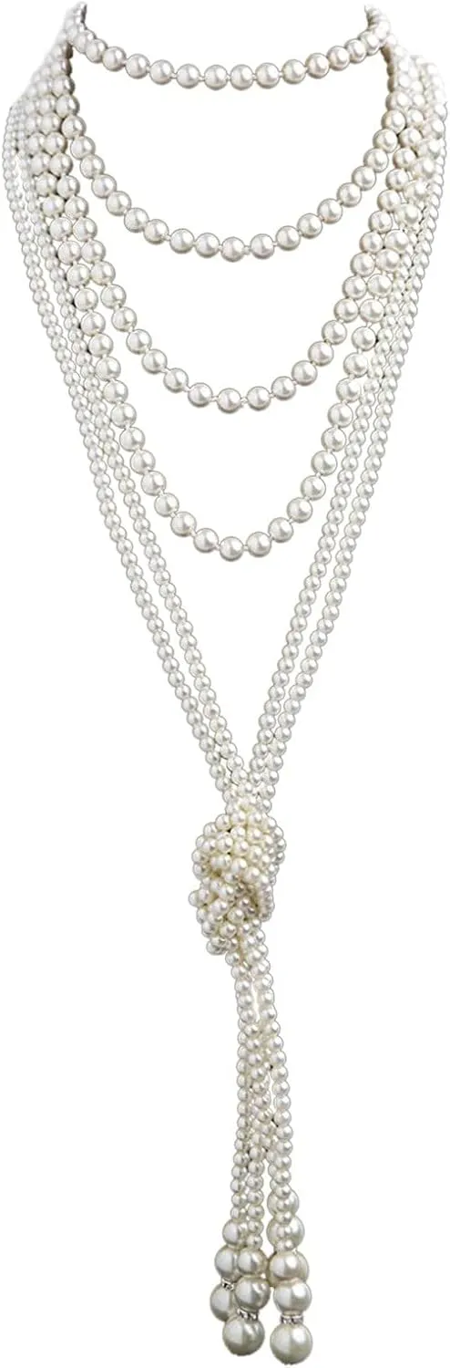 Women Pearl Strand Necklace Dainty Layered Sweater Chain Woven Knot Statement Choker Necklace Lady (White, One Size)